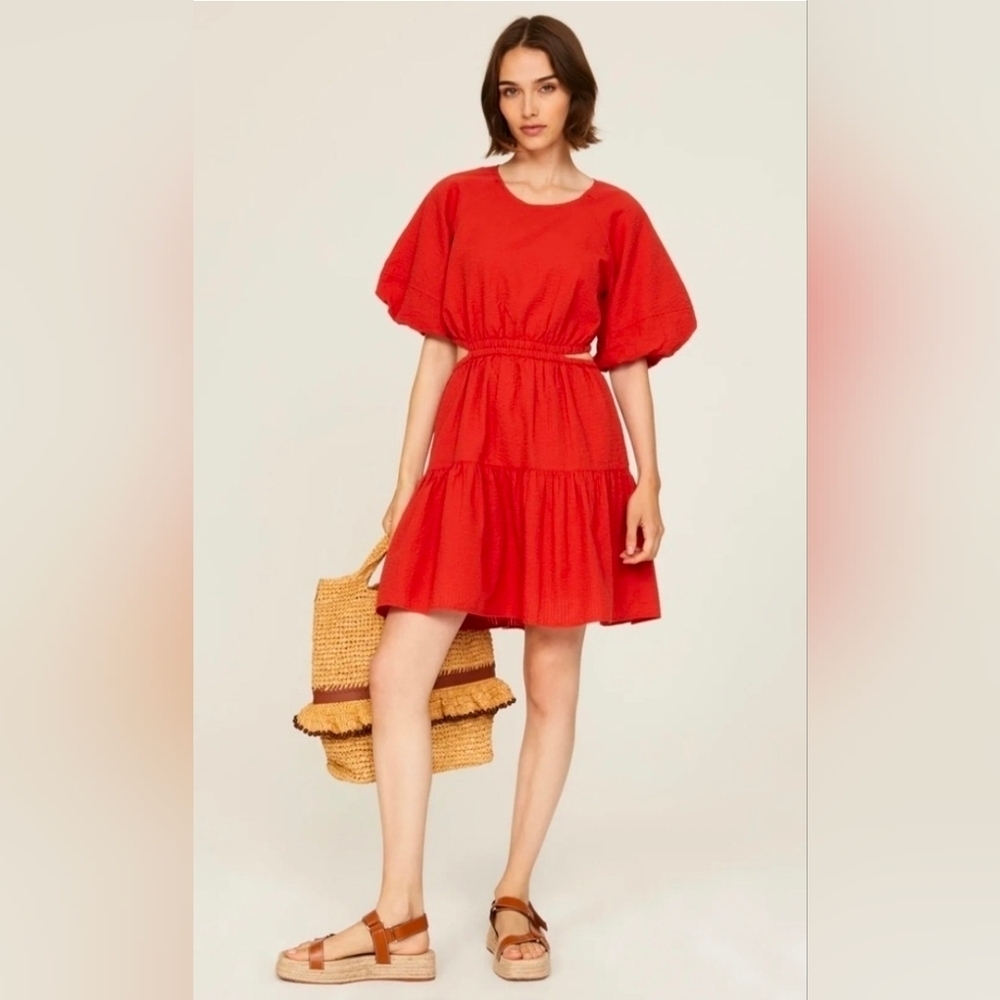 Madewell Women's Seersucker Puff Sleeve Cutout Mini Dress in Rust Orange M